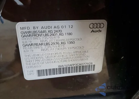 2012 Audi Q5 Premium Plus z USA, uszkodzony, nr VIN WA1LFAFP3CA077928